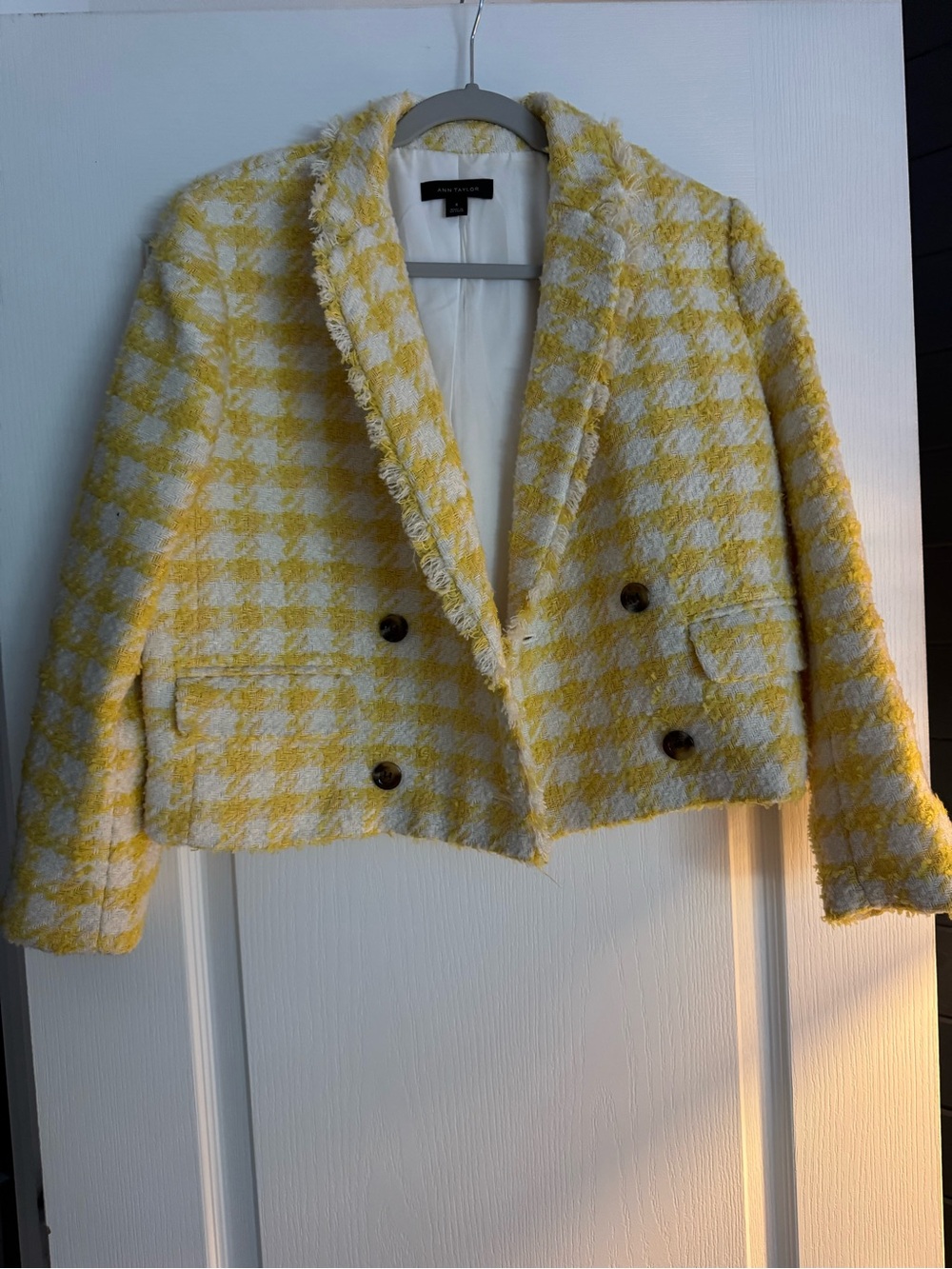 Ann Taylor Yellow & White Tweed Cropped Double-Breasted Blazer